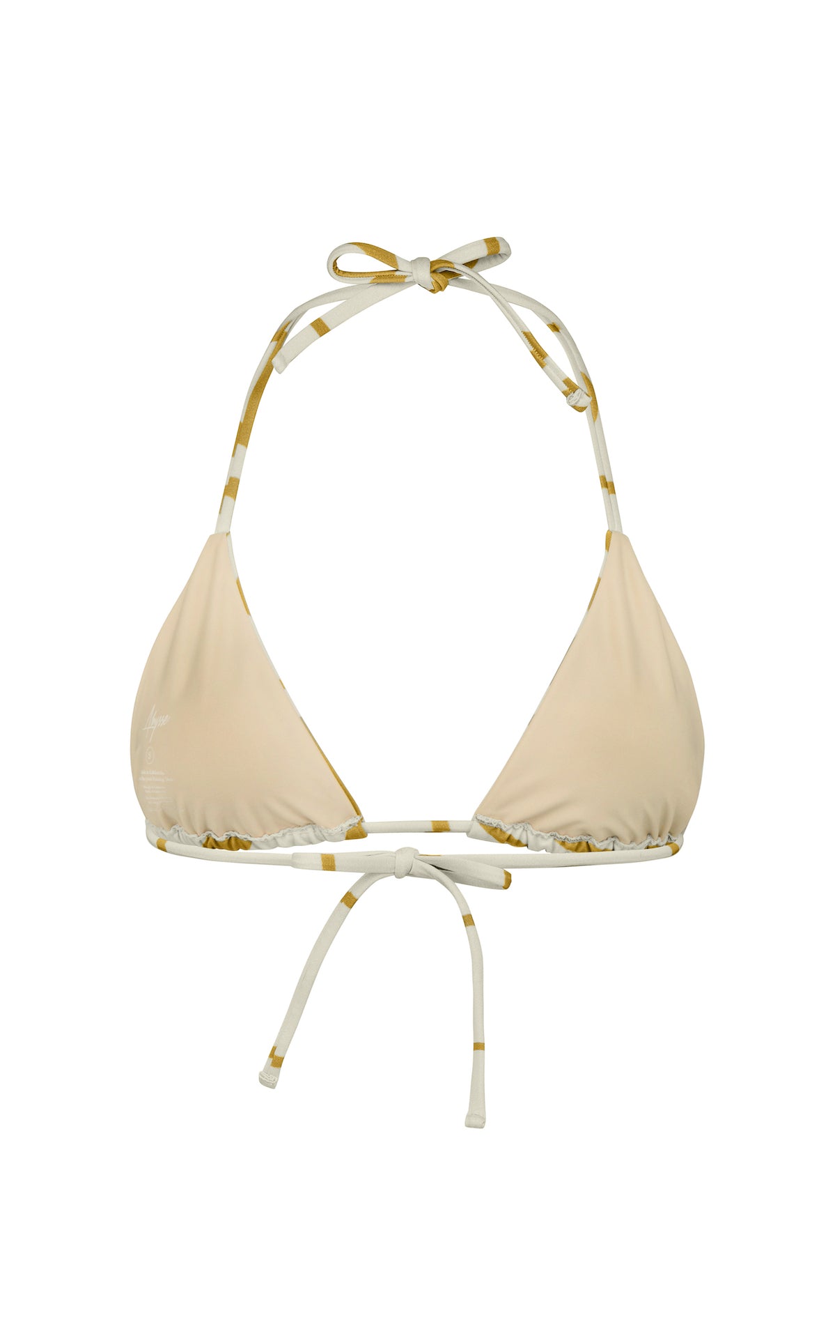 The Maya is a classic triangle top, attached via a neck and back bow tie. The bust cups have a ruched aesthetic look but are also adjustable to your body.