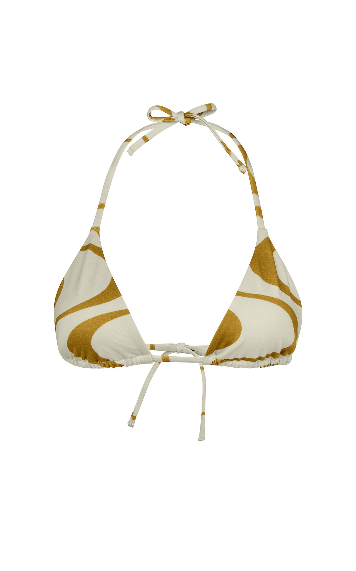 The Maya is a classic triangle top, attached via a neck and back bow tie. The bust cups have a ruched aesthetic look but are also adjustable to your body.